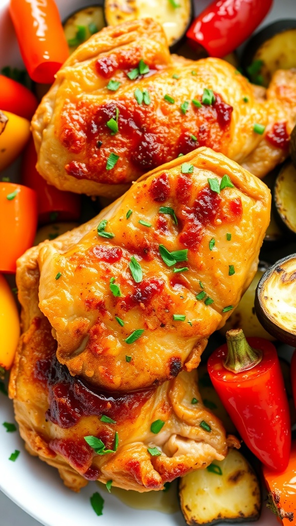 Crispy baked chicken thighs on a plate, garnished with herbs and surrounded by roasted vegetables.